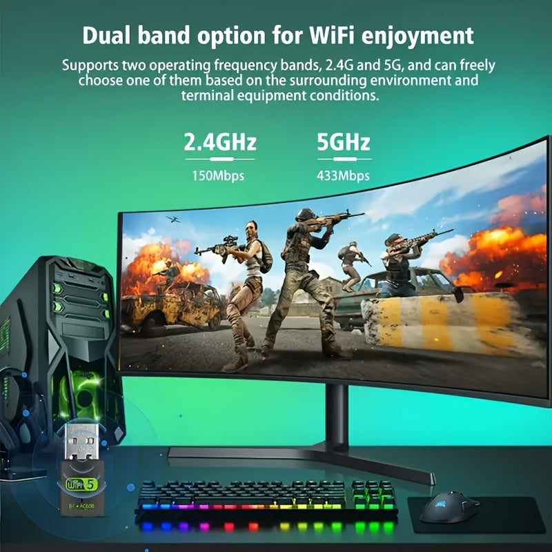 Adaptador WiFi Dual-Band 600Mbps 2.4GHz/5GHz, Tarjeta de Red Inalámbrica USB Compacta para PC y Portátil, Compatible con Windows XP Vista 7 8 10 11, Conexión Fiable, Adaptador Portátil para Oficina y Hogar, Profesionales