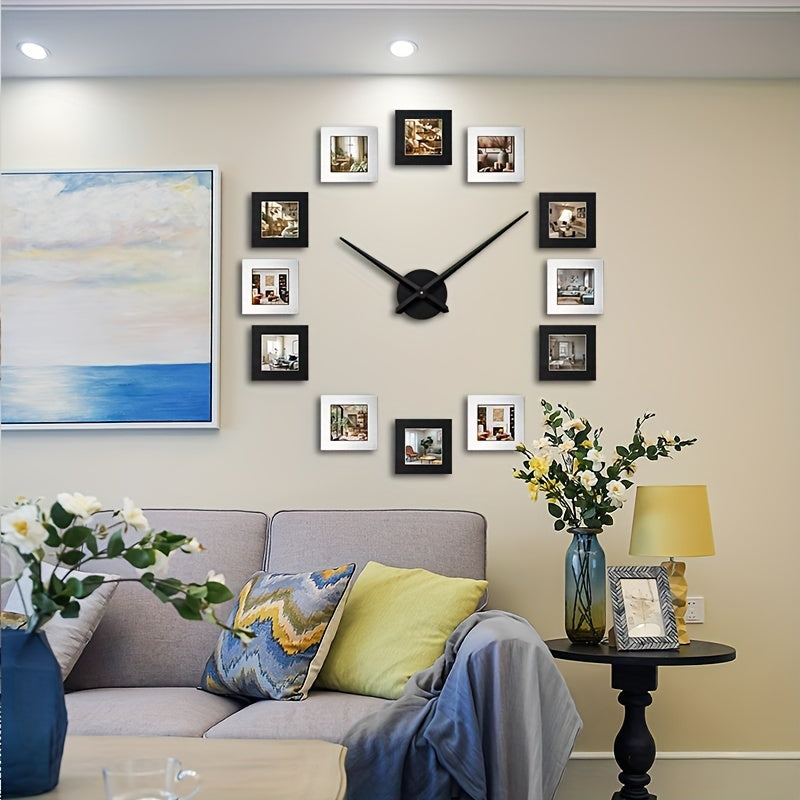 Reloj de Pared Personalizable Negro y Plateado con Álbum de Fotos - Capacidad para 12 Fotos, Funcionamiento Silencioso, Perfecto para Sala de Estar, Decoración de Dormitorio y Ocasiones Especiales, Forma Irregular
