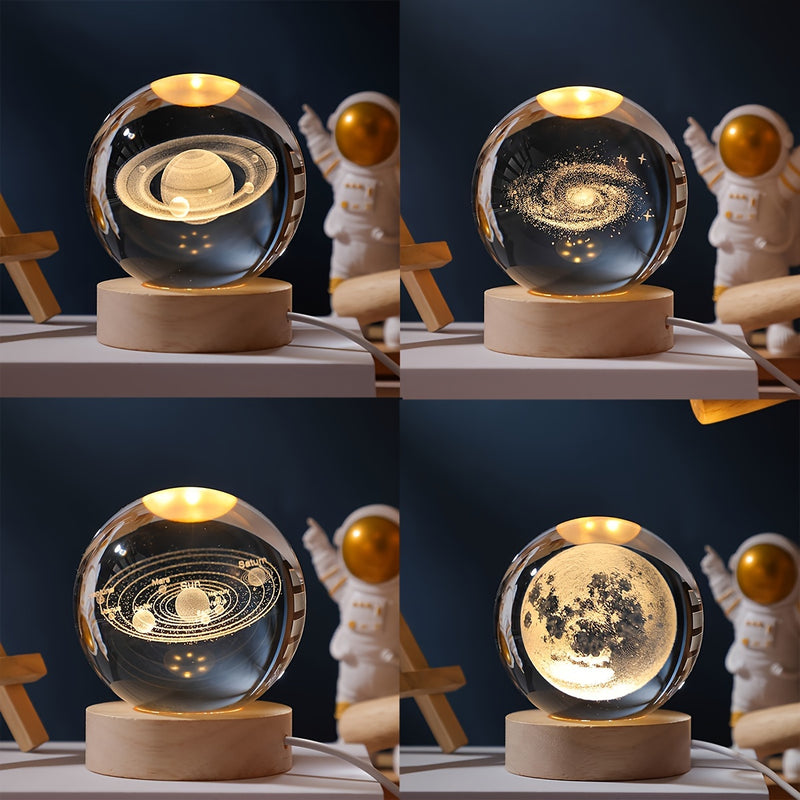 Conjunto de lámpara de mesa de cristal grabado con láser 3D moderno con patrones de Saturno, Luna, Galaxia, Sistema Solar - Base de madera con forma geométrica con alimentación USB para luz nocturna para decoración del hogar, regalo para mujeres, anivers