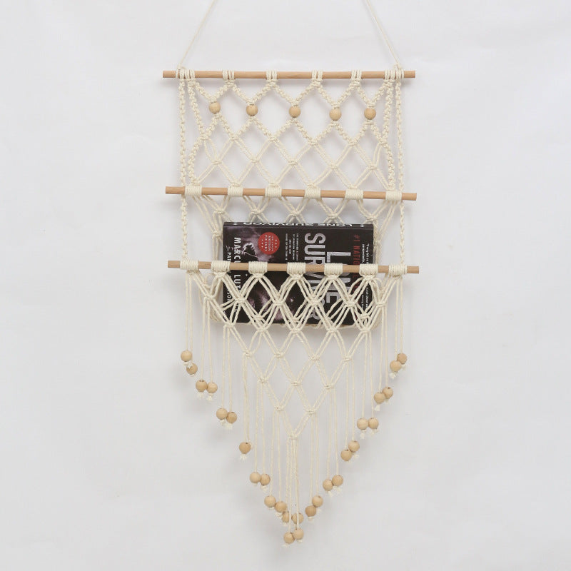 1pc Estilo Nórdico Tejido a Mano de Algodón Macramé Estantería para Pared, Longitud Ajustable, 100% Red de Cuerda de Algodón Almacenamiento para Libros, Muñecas, Decoración Europea para Dormitorio, Estudio, Patio - Sin Necesidad de Electricidad