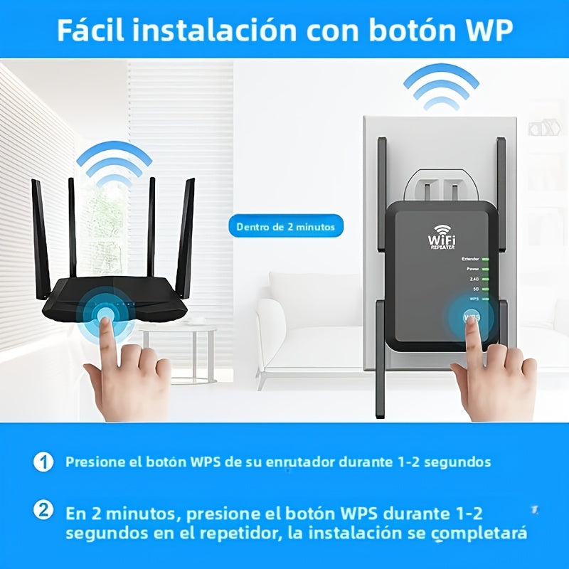 Amplificador de WiFi, Amplificador de Señal Banda Doble 5G 1200Mbps para Hogar, Cubre hasta 7000 Pies Cuadrados y 20 Dispositivos
