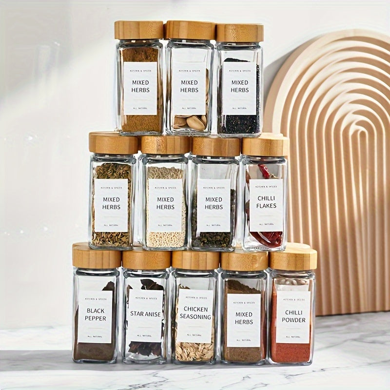 Juego de 12/6 tarros de especias de vidrio con tapas de madera, resistente a la herrumbre, contenedores de condimentos de vidrio con patrón con soporte