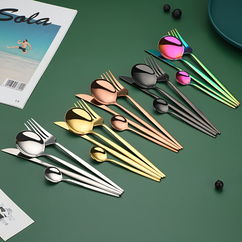 Juego de Vajilla Portuguesa Fina de Acero Inoxidable de 16 Piezas, Set de 4 Piezas: Cuchillo para Bistec, Tenedor, Cuchara, Cuchillo, Tenedor, Cuchara para Hotel y Restaurante