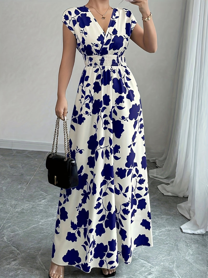 Elegante vestido largo de flores rosas con cuello en V y mangas cortas - Silueta de línea A que fluye, cintura ceñida, perfecto para primavera/otoño, ropa casual a formal, ropa elegante casual | Vestido con estampado floral | Diseño de cintura ceñida