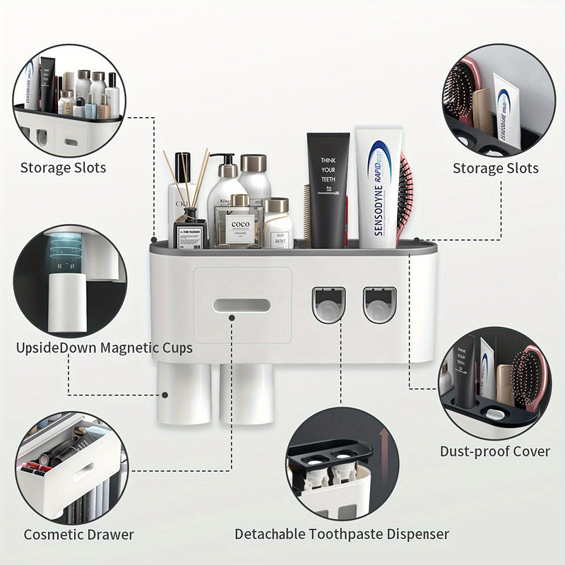 Soporte de Pared para Cepillos de Dientes con Dispensador Automático - 6 Ranuras, Vasos Magnéticos, Cajón para Cosméticos y Bandeja de Almacenamiento - Organizador de Baño Elegante en Negro