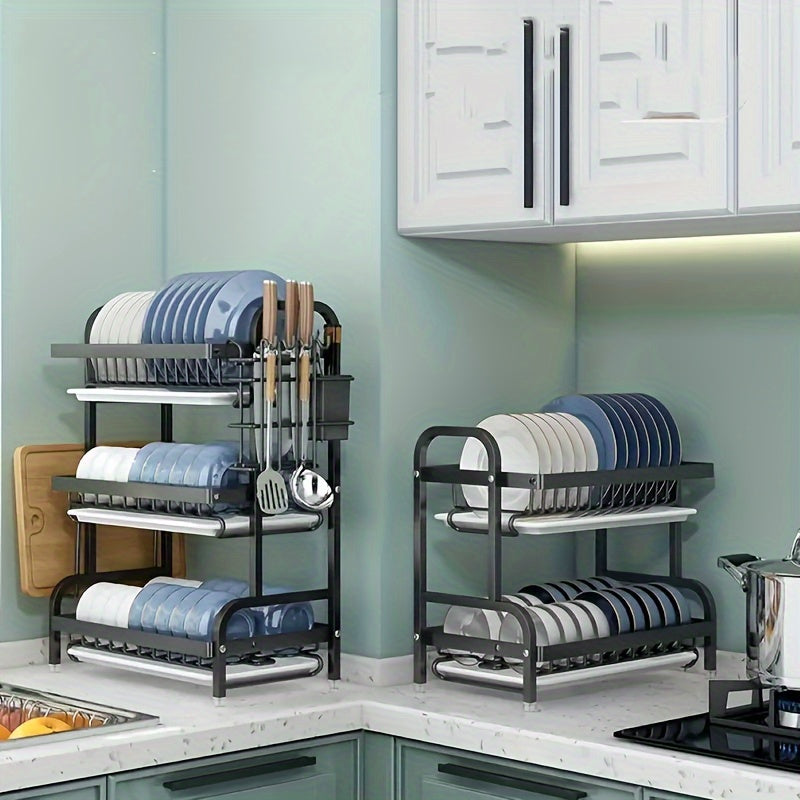 Escurridor de Platos de 2/3 Niveles, con Bandeja de Drenaje y Plato Goteador, Organizador de Cubiertos, Soporte para Cuchillos y Tenedores, Tabla de Cortar, Porta Palillos, Apto para Encimeras de Cocina, Accesorios de Cocina