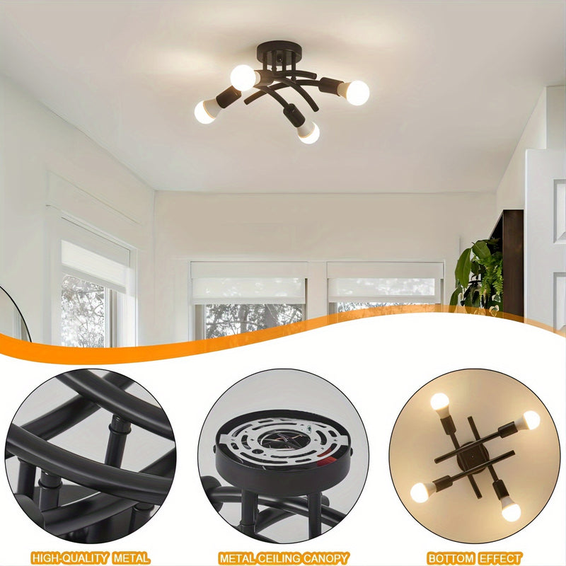 Aplique de Techo Semiempotrado Industrial de 4 Luces, Luminarias Modernas de Araña Sputnik, Apliques de Luz Industrial para Cocina, Aplique de Techo para Comedor y Pasillo, Base E26 E27 (Bombillas No Incluidas)
