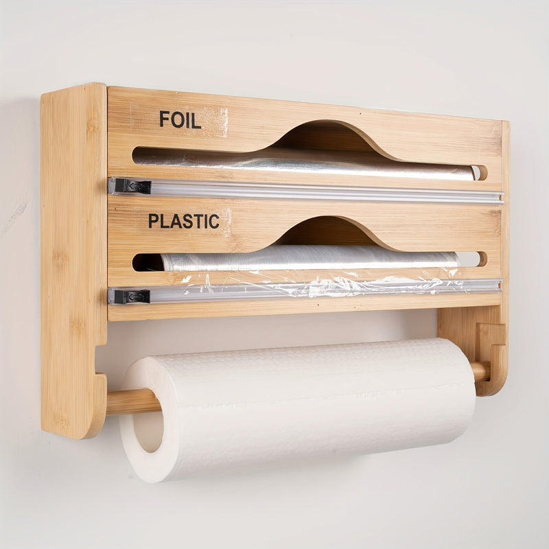 1pc Organizador de Pared de Bambú para Papel Aluminio, Bolsas y Envoltura - 3 en 1 con Cortador Integrado, Diseño Ahorrador de Espacio para Encimera o Despensa