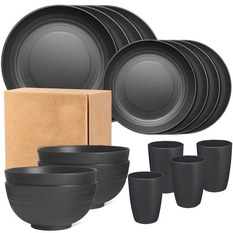 Juego de vajilla de plástico de 16 piezas - Incluye platos, tazones, tazas y platillos - Ideal para camping, picnics, reuniones familiares, autocaravanas, fiestas y residencias universitarias