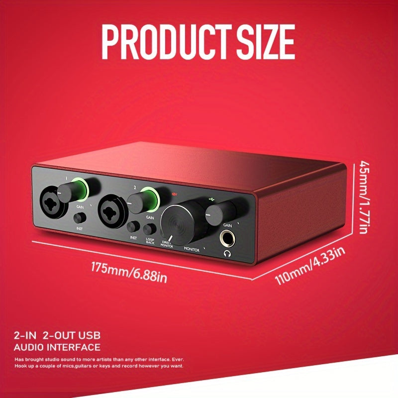 Interfaz de Audio AMACEX X2 para Grabación en PC, Podcasting y Streaming - Plug & Play, Silenciosa, Alimentada por USB con Conector de Monitor de 6.5mm, Controles de Volumen, Ideal para Músicos y Creadores de Contenido, Roja