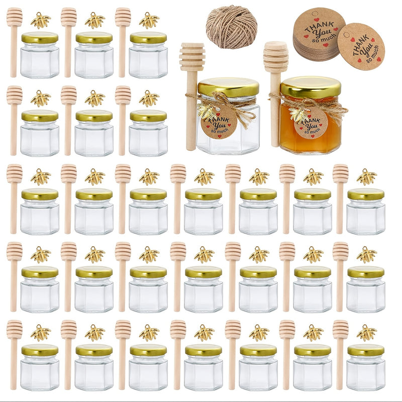Tarros de Miel de Vidrio Hexagonal Miniatura de 1.5 Onzas, Disponibles en Conjuntos de 20, 30, 50 o 60, Incluyen una Cuchara, Símbolo de Abeja y Tarjeta de Agradecimiento - Tarros con Tapa Dorada, Perfectos para Regalos de Bebé, Bodas y Fiestas.