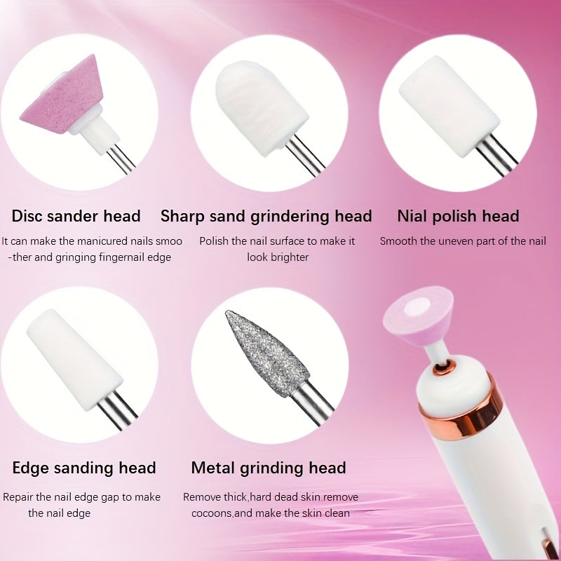 Kit de 5+1, 6 piezas para Taladro Eléctrico de Uñas con Quitaúñas y Pulidor Recargable Beige Claro para Manicura de Manos y Pies