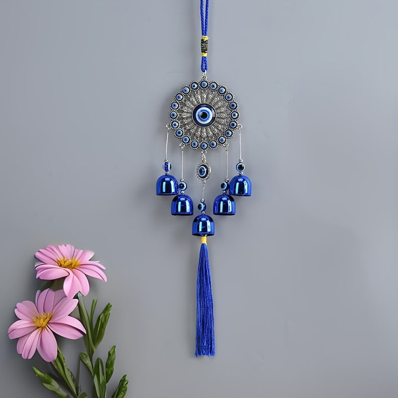 1pc Placa de Flor con Borla y Campana de Ojo Azul para Decoración de Pared de Ventana de Entrada, Campanilla de Viento para Pasillo Exterior, Balcón y Patio