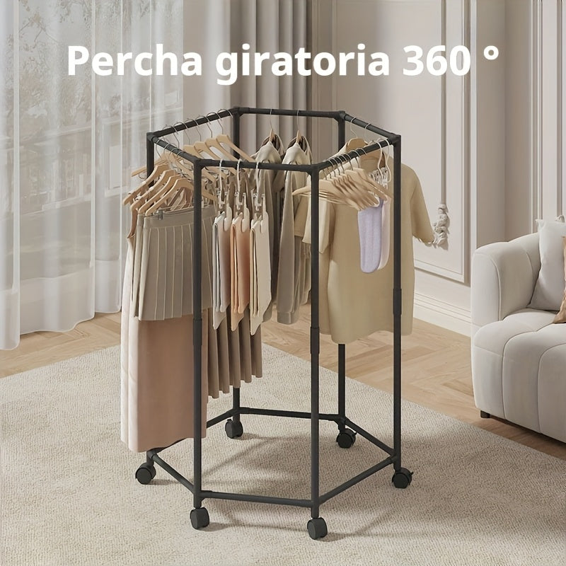 Perchero hexagonal giratorio con ruedas – Tubo de metal resistente de 16 mm, colgador de ropa vertical independiente, diseño portátil para almacenamiento y exhibición eficiente de ropa, negro/blanco, organizador para lavandería | Diseño hexagonal | Const