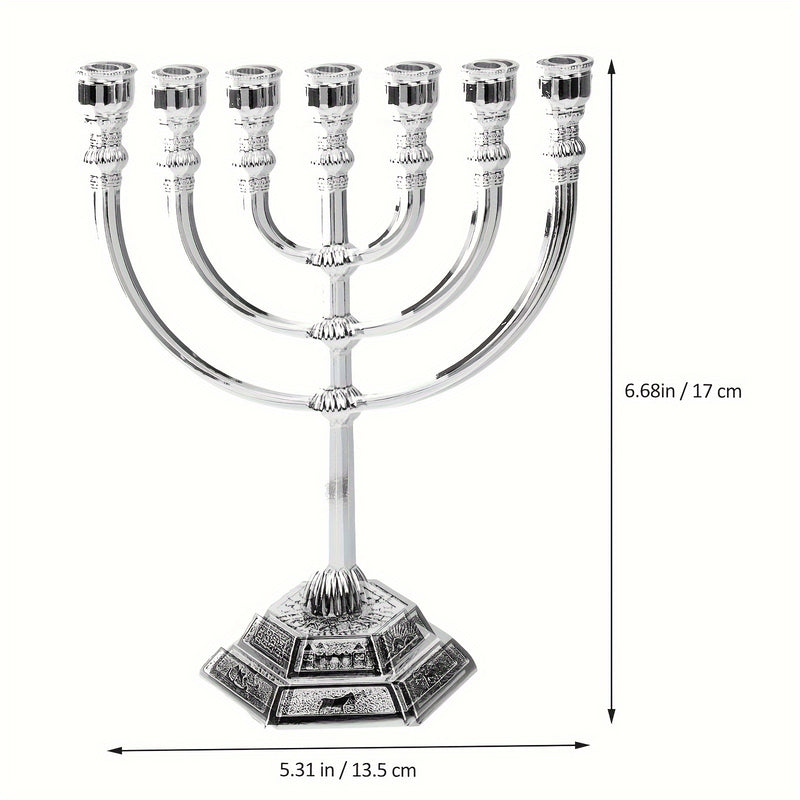 Menorah de 7 ramas tradicional de Hanukkah, candelabro de metal estilo templo dorado para decoración religiosa y festiva en el hogar, 1 pieza