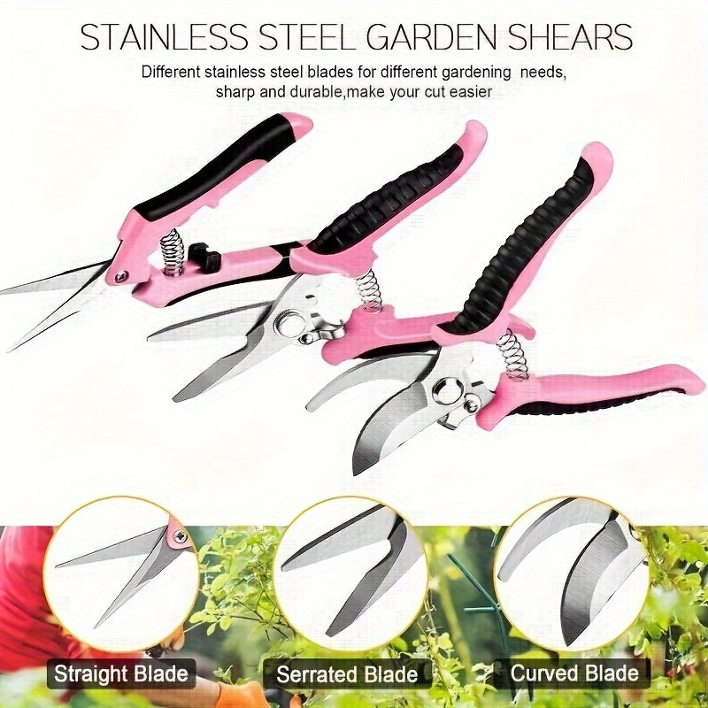 Juego de 4 Tijeras de Poda Profesionales Rosas - Tijeras de Jardinería de Acero Inoxidable para Flores/Ramas, Kit Multiusos Manual