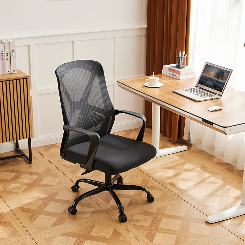 Silla de oficina ergonómica negra, silla de escritorio de computadora para el hogar cómoda con soporte de arco, reclinable manual, giratoria, rellena de esponja, tapizada, construcción de madera dura y tablero de partículas, no requiere electricidad