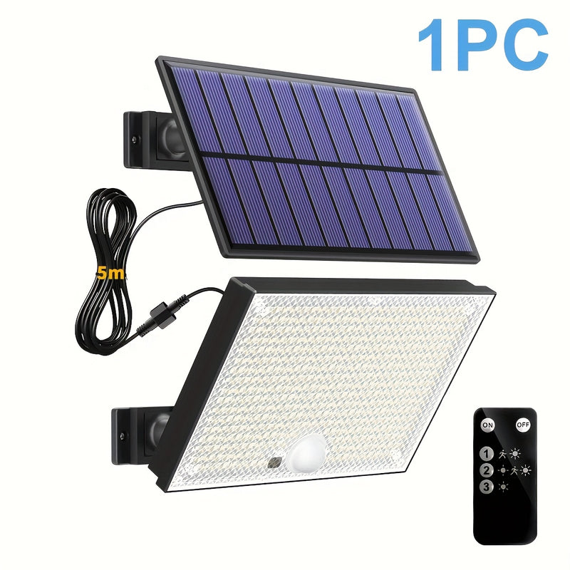 Luces solares con sensor de movimiento, 400 LED, control remoto, paneles individuales, cable de 5.0 metros, iluminación desde el atardecer hasta el amanecer, luces solares seguras para exteriores, porche, jardín, cobertizo, pared, regalos de Navidad, reg