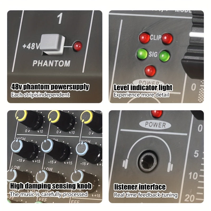 Mezclador de Audio Profesional LX01 | Multicanal con Alimentación USB | Consola Negra en Aleación con Pantalla Digital y Controles Individuales para Canales | Ideal para Transmisiones, Karaoke y Estudios Caseros | Diseño Compacto con Reproductor de MP3 |