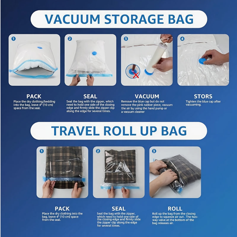 3/7/9/11pcs Bolsas de Compresión al Vacío Grandes, Medianas y Pequeñas de Varios Tamaños (Venta al Por Mayor) Bolsa de Almacenamiento para Ropa de Temporada, Edredón y Viaje - Buen Ayudante para el Hogar con Opciones Múltiples de Tamaño, Una Persona por