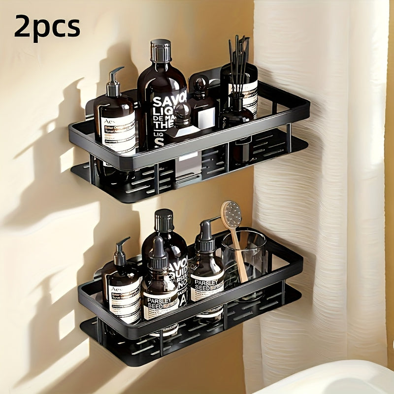 2 piezas de estantes de ducha autoadhesivos sin taladro - Soporte de almacenamiento de baño y cocina montado en la pared, aleación de aluminio duradera, acabado negro elegante, ganchos organizadores de ducha resistentes a la oxidación, adecuados para duc