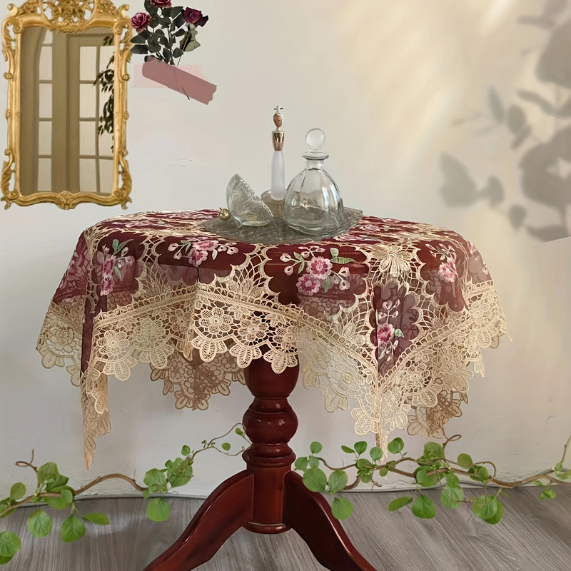 Mantel Elegante de Encaje Europeo - Diseño Floral, Poliéster, Forma Cuadrada para Mesas de Café y Soportes de TV - Perfecto para Decoración de Halloween y Navidad