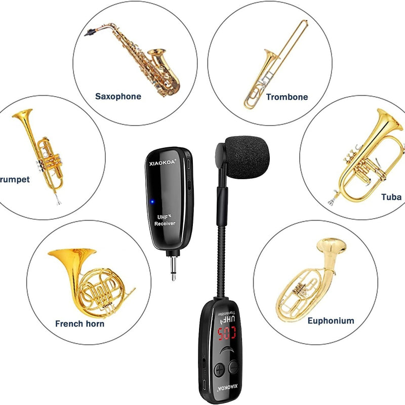 Micrófono Inalámbrico para Instrumentos, Sistema de Micrófono Inalámbrico UHF para Saxofón, Trompetas, Clarinete, Violonchelo - Receptor y Transmisor