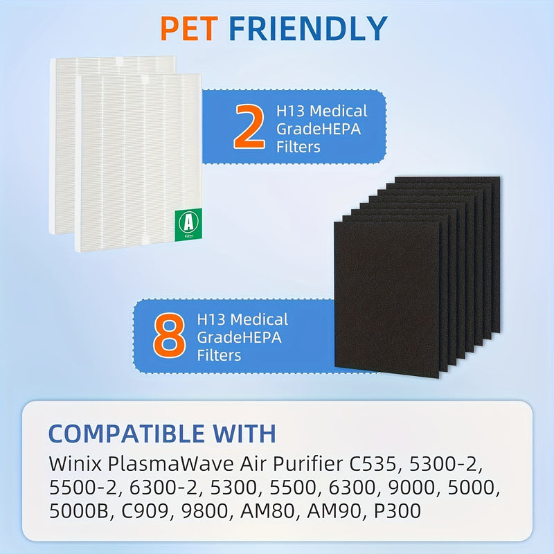 10 Piezas de Filtros de Repuesto para Purificador de Aire Winix Plasmawave - Combo 2+8 (2 HEPA + 8 Pre) Tamaño True HEPA 21 y Activado con Carbón, Compatibles con C535, 5300-2, 6300-2, P300, 5000 Series & Más - Eliminación de Alérgenos, Olores, Mejora la