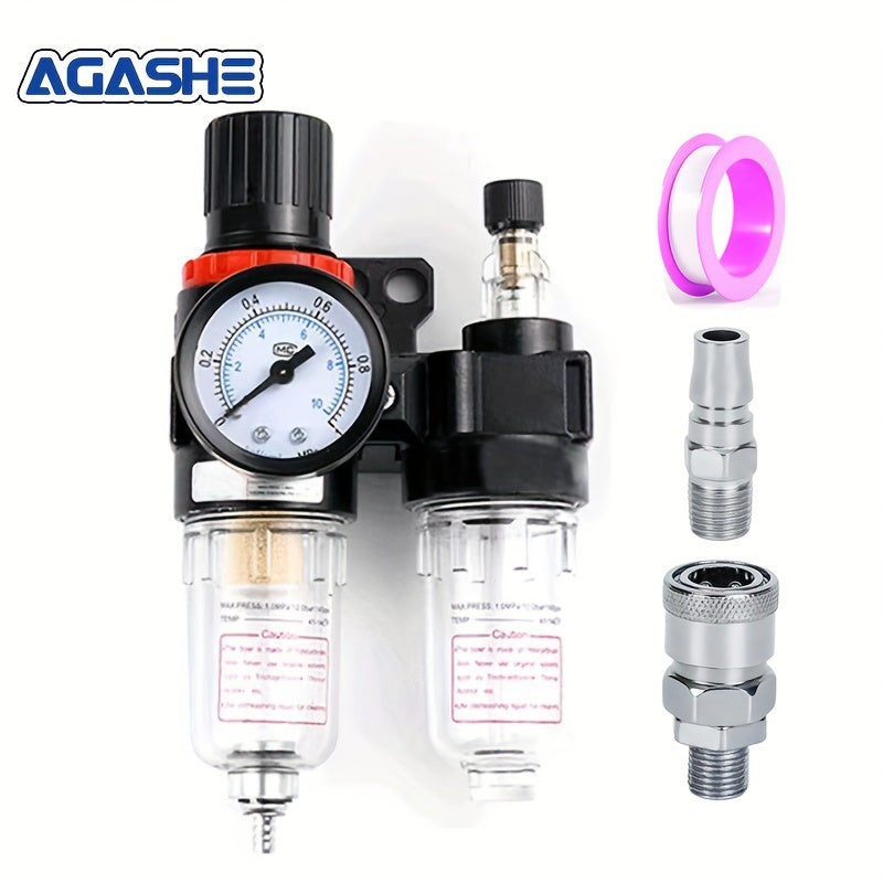 AGASHE 1 Juego AFC-2000 Separador de aceite y agua para compresor de aire, kit de regulador de presión con manómetro, conector rápido y taza de lubricación, filtro de herramientas neumáticas, válvula deshumidificadora de compresor.