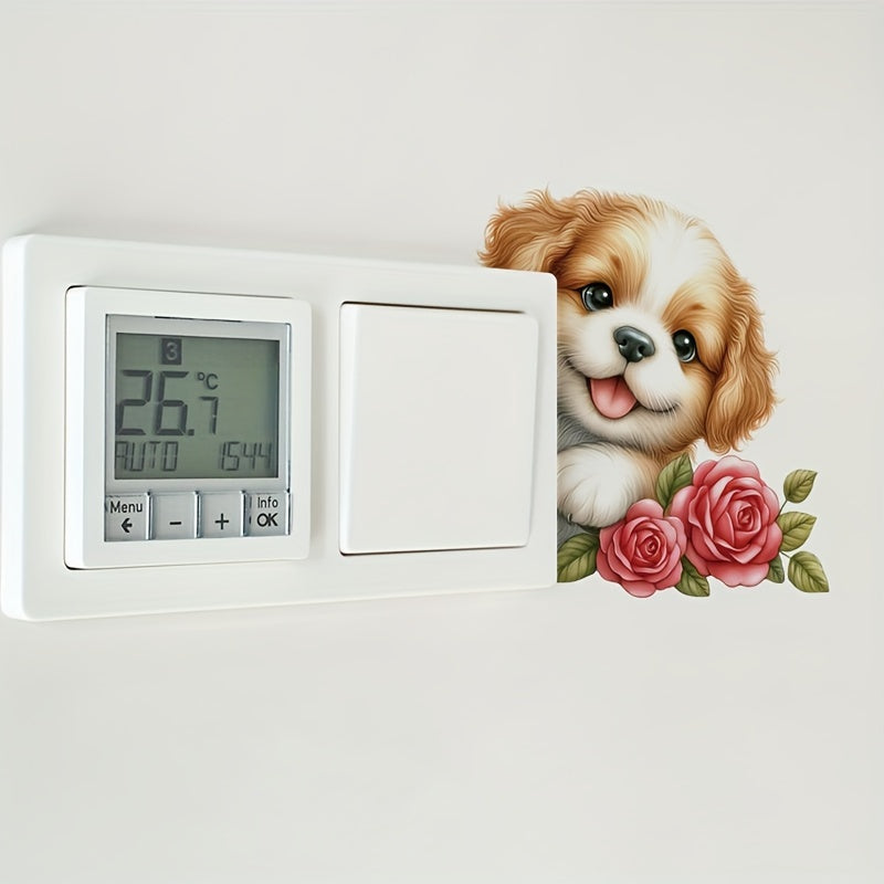 1 Adhesivo de interruptor de pared con cachorro adorable y rosas, divertido vinilo 3D, perfecto para dormitorio, baño, fácil de aplicar y quitar, decoración estética del hogar, decoración de la habitación, embellece tu hogar