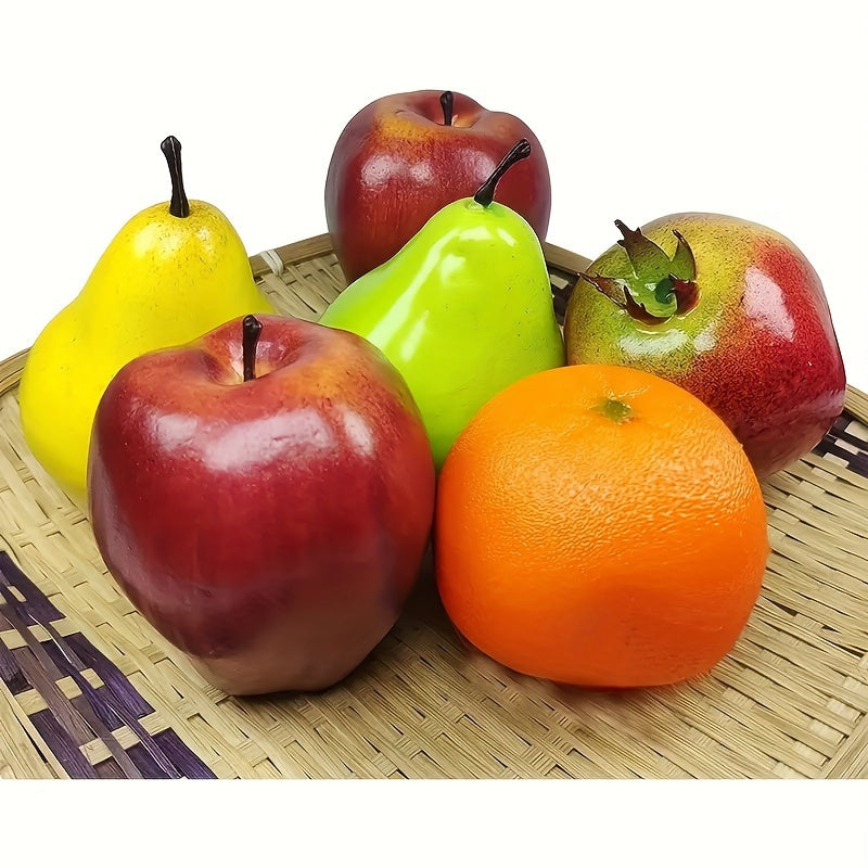 6 piezas de frutas artificiales sólidas - Falsa pera amarilla, naranja, granada, manzana roja Fuji - Decoración del hogar para fiestas de Navidad, adornos navideños, todas las estaciones adecuadas