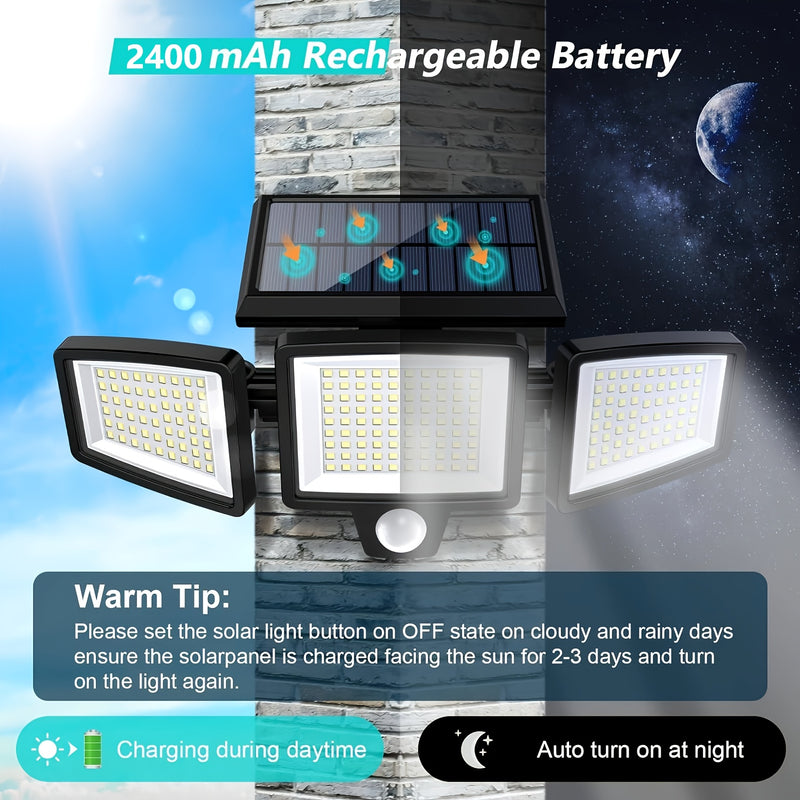 Paquete de 2/1 Lámpara Solar Exterior con Control Remoto, Luz de Seguridad de 210 LED con Sensor de Movimiento y Tres Cabezas, Ángulo Amplio de 270°, Resistente al Óxido, 3 Modos