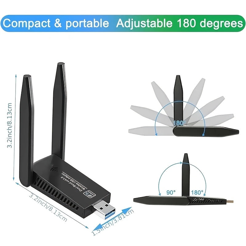 Adaptador WiFi USB AC1300Mbps de doble banda - Antena de alta ganancia de 5Dbi, Plug and Play, Compatible con Windows/Mac, Soporta redes 2.4G/5G, Control de aplicaciones, Modo de alimentación USB, Tensión de funcionamiento ≤36V, Conexión inalámbrica 2.4G