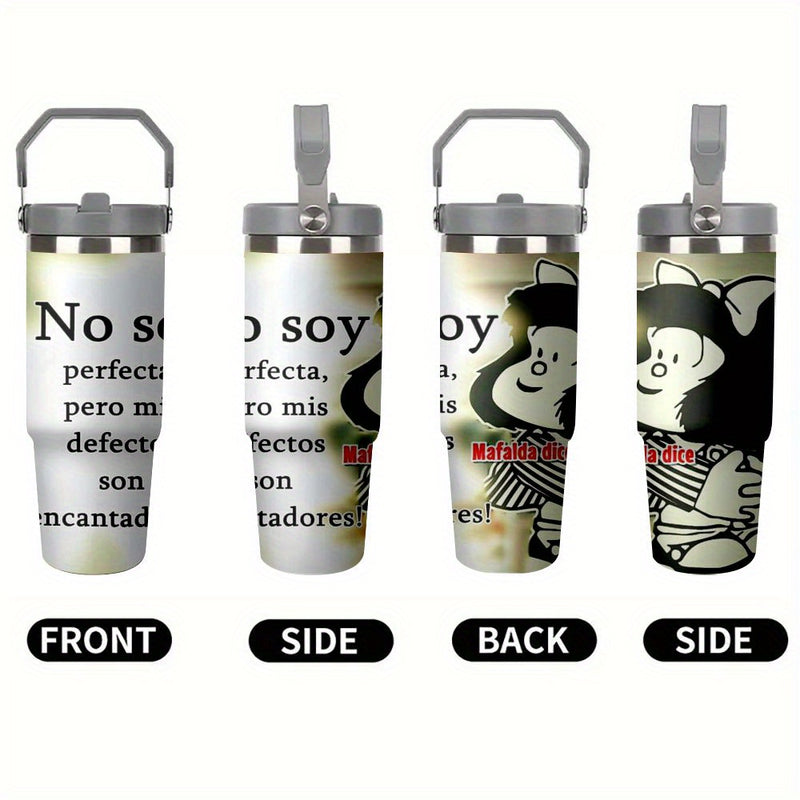 1pieza Mafalda Personaje de Dibujos Animados Taza de Acero Inoxidable de 30oz, Impermeable, Solo Lavar a Mano, Taza de Viaje Reutilizable Multipropósito, Ideal para Regalo