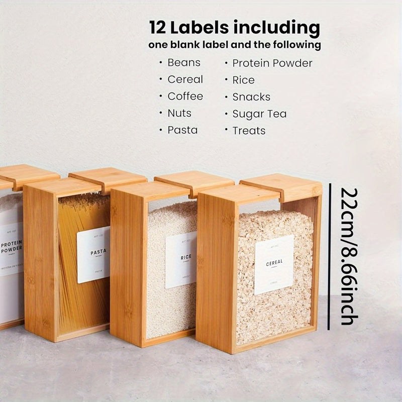 Contenedor de Almacenamiento de Bambú para Comida de 101.44 oz con Tapa Transparente - Ideal para Granos, Fideos, Harina | Organizador de Cocina Reutilizable y de Alta Calidad con Etiquetas para Identificación Fácil