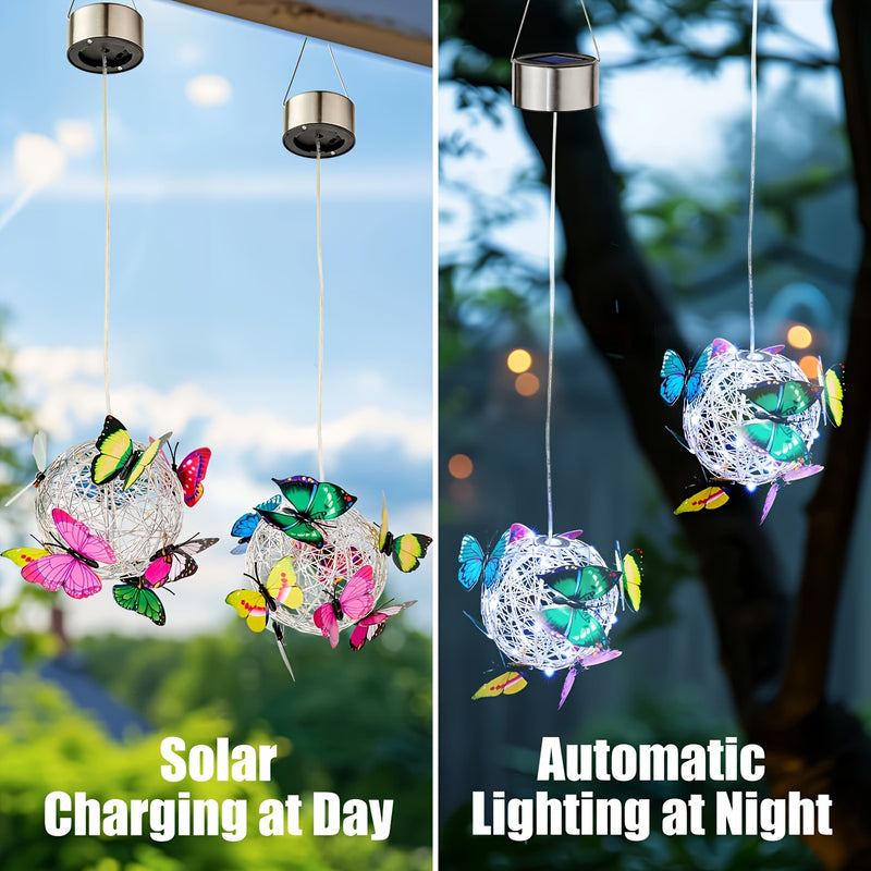Lámpara colgante de mariposa solar - Diseño de farol de mariposa, adecuado para luces de jardín LED al aire libre, alimentado por energía solar, sin control remoto, IP65