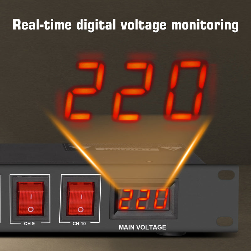 DEPUSHENG 10 enchufes de secuencia de energía y protección contra sobretensiones con pantalla LCD - 220V AC 60Hz, interruptores independientes, protección contra sobrecarga para escenario, estudio, cine en casa, protección de equipo de escenario, acabado