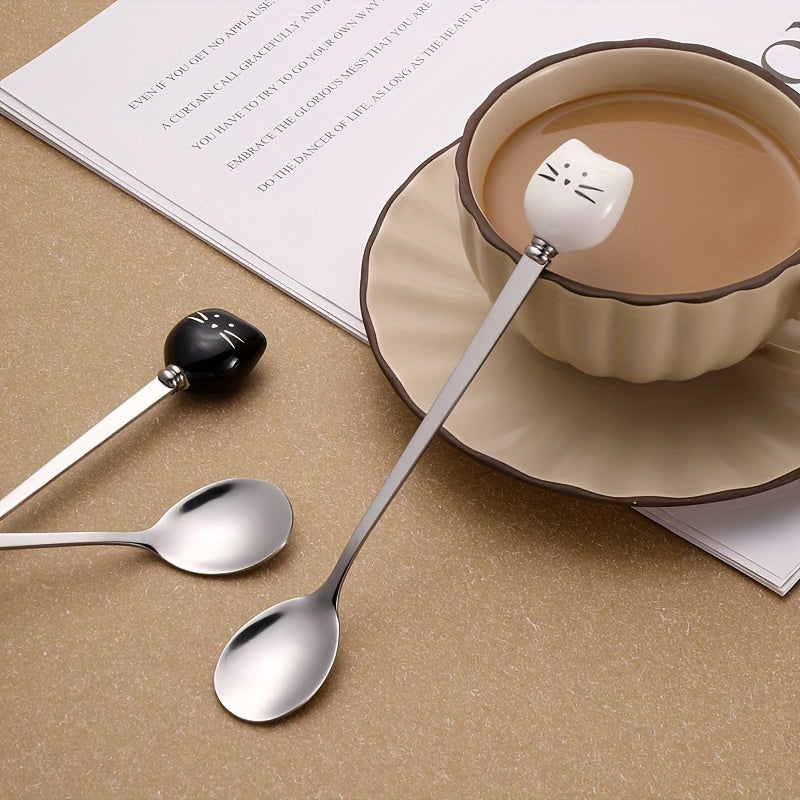Cuchara de café de acero inoxidable con diseño de gato y panal de cerámica elegante - Utensilio de cocina duradero y decorativo con mango, ideal para preparar y servir café, accesorios para bares de café
