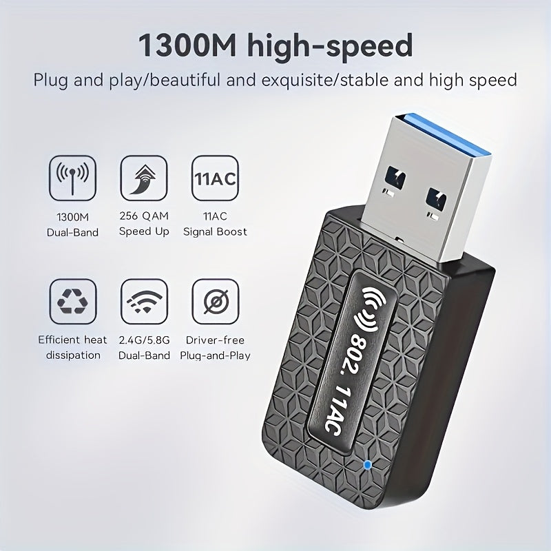 Adaptador WiFi de computadora de escritorio con velocidad de 1300Mbps, doble banda 2.4GHz y 5.8GHz, antena de alta ganancia, modo de alimentación USB, compatible con Windows 7/8/8.1/10/11, sin batería incluida