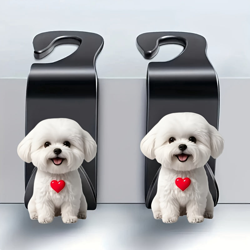 2 piezas - Ganchos de asiento de coche 2D de perro blanco lindo, ganchos de almacenamiento oculto integrados en el asiento trasero, accesorios de asiento de coche, cesta de flores, multifuncionales