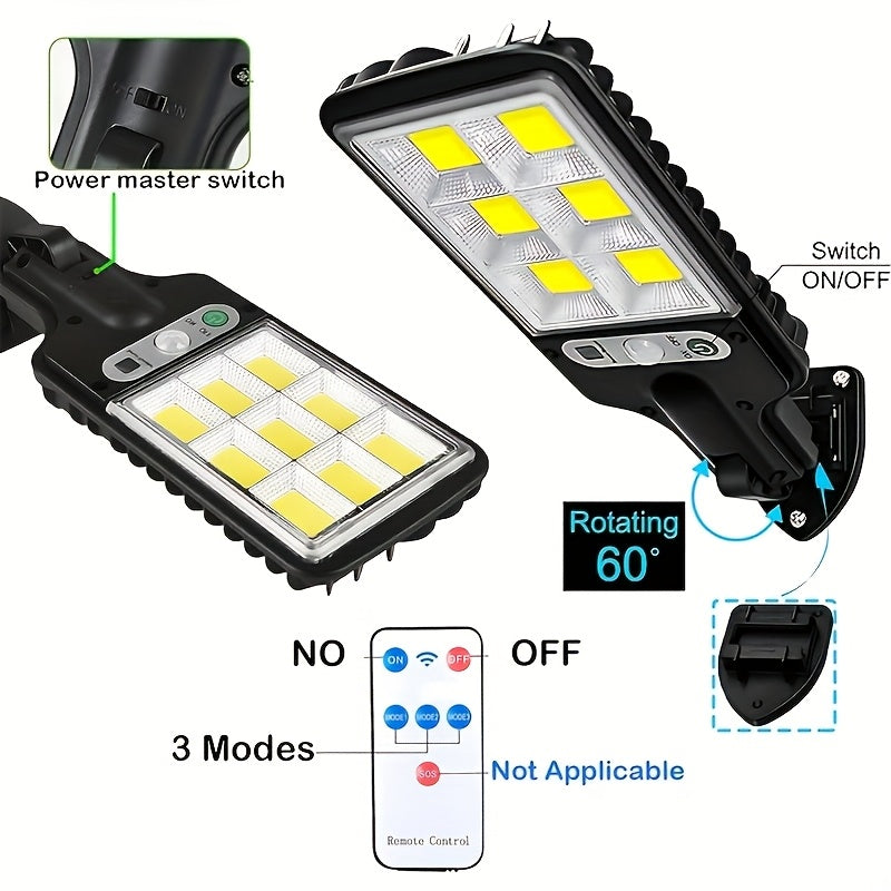 1 foco solar con control remoto, 90 LED COB, sensor de movimiento, montaje semiempotrado, material plástico, acabado pulido, plegable, accesorio desmontable, carga solar, batería de litio recargable, montaje en pared, incluye hardware de instalación