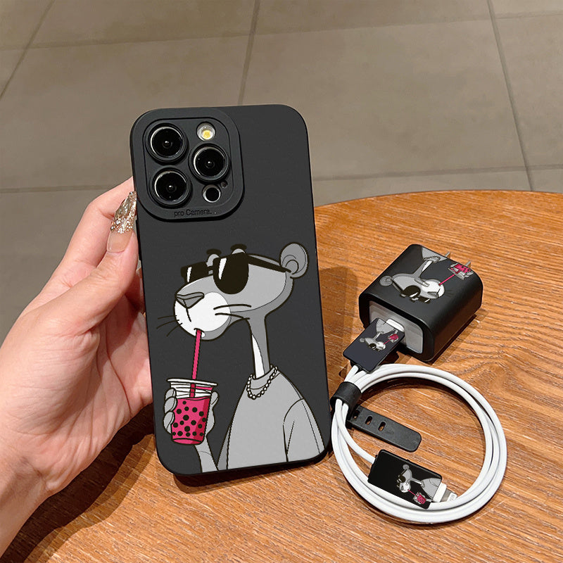 Juego de 5 piezas Funda para Teléfono con Diseño Creativo de Guepardo Gris y Rosa + Cubierta para Cargador + Protector de Cable + Correa de Almacenamiento, Carcasa Protectora Anticaída TPU Compatible con iPhone 6/7/8/X/Xs/XR/XS Max/11/12/13/14/15/Pro Max