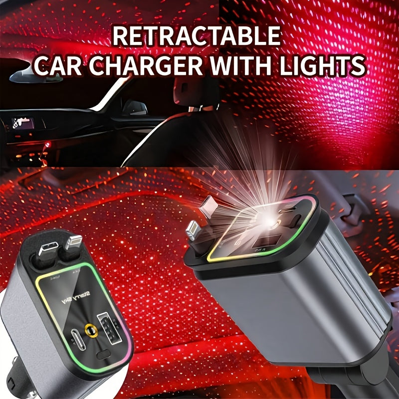 Cargador de auto extensible SAN.COMO con 4 en 1, luz ambiental de techo de 66W, cable retráctil de 80.01 cm, 2 puertos USB, carga rápida USB-C, ajuste de dirección libre de 180°, diseño antienredos, compatible con múltiples modelos de teléfonos, universa