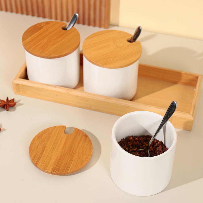 Juego de frascos de especias de almacenamiento de madera con tapas de bambú, contenedores de especias de pimienta, sal y azúcar para encimera de cocina con cucharas, estilo minimalista japonés.