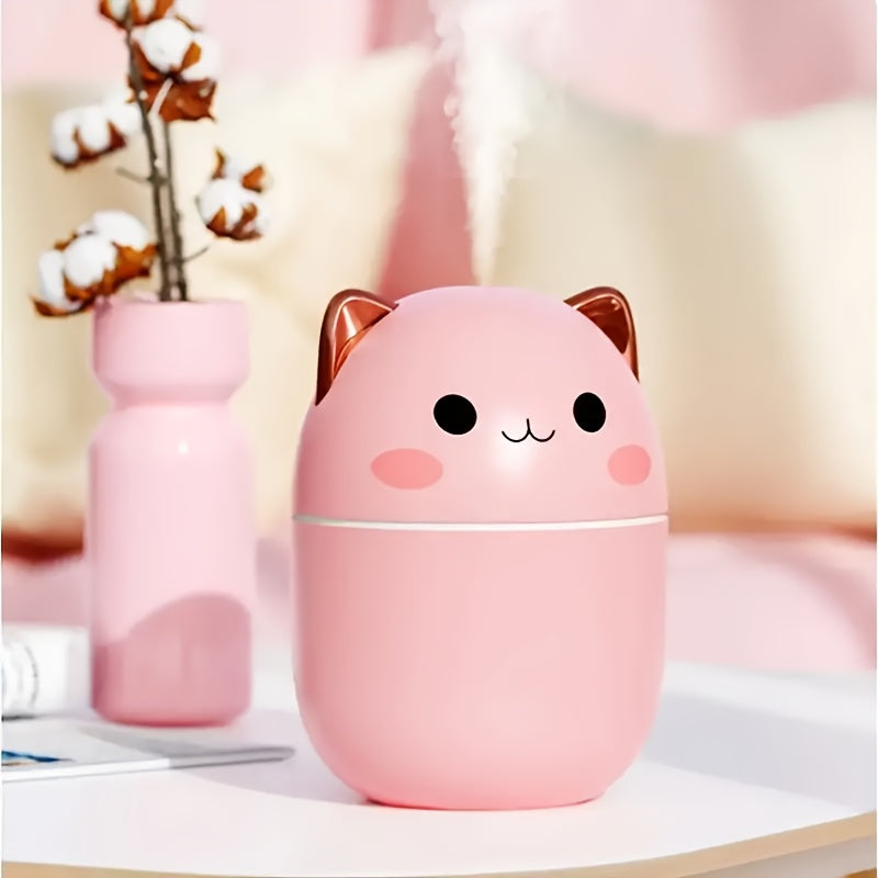 Humidificador Portátil USB de 8.45oz con Diseño de Gato Lindo & Difusor de Aceites Esenciales - Doble Niebla, Aroma y Control de Humedad para Coche, Oficina o Hogar, Rosa con Detalles Blancos, Facciónación de Alta Potencia, Material ABS, Humidificador de