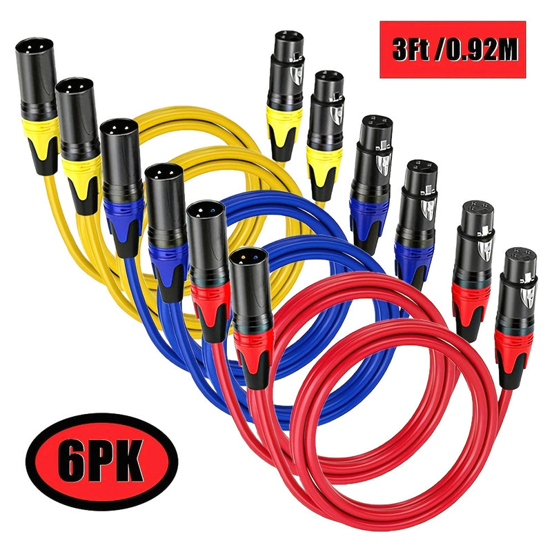 6 cables de micrófono XLR de 3 pies - Negro, conexiones de audio balanceadas de 3 pines para altavoces, mezcladores e iluminación de escenario, cables de equipo de sonido profesional | Equipo de audio profesional | Construcción de cable duradera, accesor