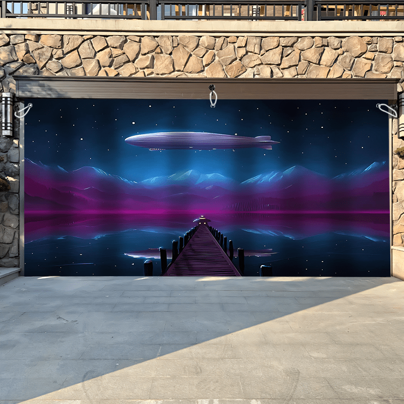 1pc Banderola de Puerta de Garaje con Reflejo del Lago y Montaña en Aeronave Fantástica - Paisaje Nocturno Vibrante con Estrellas, Poliéster Resistente al Clima, Sin Necesidad de Electricidad para Decoración Navideña, Halloween, Fiestas y Jardín, Tema Ac
