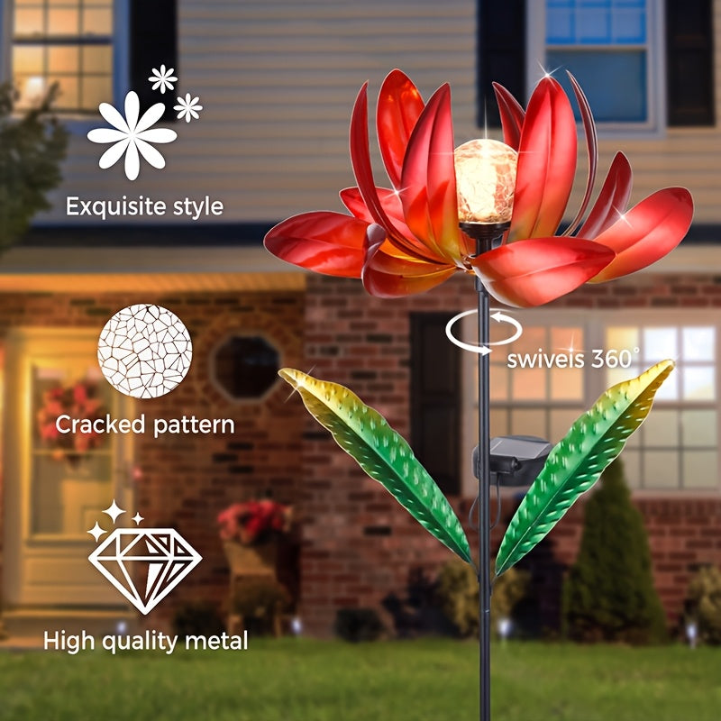 Jardín de luces de estacas de jardín alimentadas por energía solar, molino de viento de metal con luz LED de arriba, decoración de jardín exterior recargable con enchufe de suelo para patio, césped, camino, acabado de encaústico, control de interruptor,