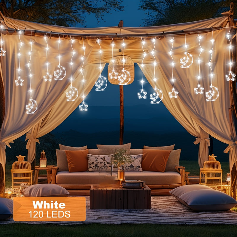 Luz de barra de hielo lunar estelar alimentada por energía solar LED, 8 modos, IP44, luces de cuerda lunar estelar, adecuadas para decoración colgante, adecuadas para camping al aire libre, patios, porches, villas y decoración de fiestas de vacaciones.