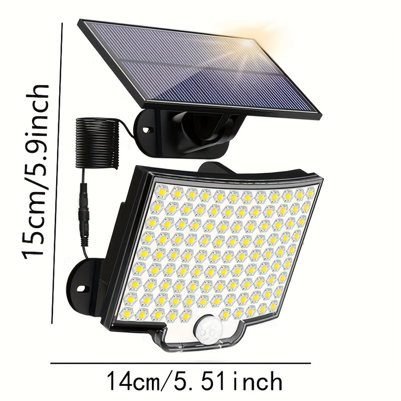 Lámpara solar para exteriores con 106 LED, control remoto, 3 modos de iluminación y sensor de movimiento, para jardín, patio, estadio, parque, hotel, cochera, traspatio, terraza y caminos - Material ABS, sin pilas, luces LED, faroles